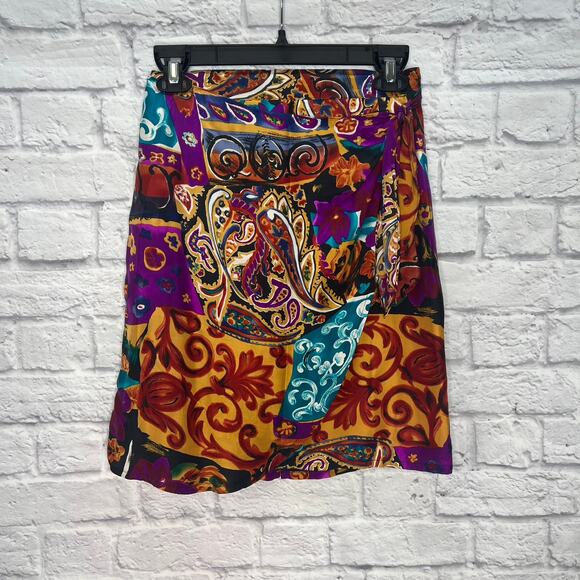 Vintage New York Studio Silk Mini Skirt Faux Wrap Size M Paisley 90s Y2K Print - Picture 7 of 7